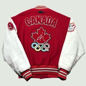 Vintage 1998 Nagano Olympics Canada Roots Varsity Jacket Men Medium Leather Wool